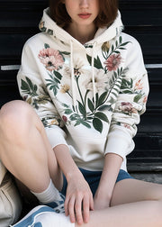 Loose White Hooded Print Cotton Sweatshirts Fall