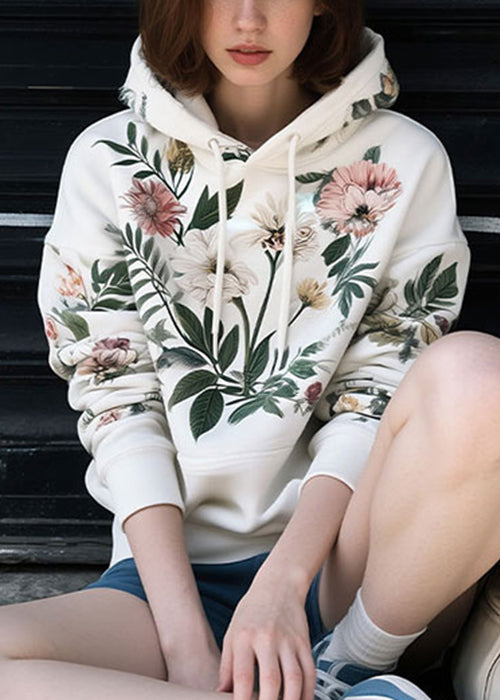 Loose White Hooded Print Cotton Sweatshirts Fall
