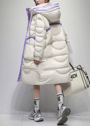 Loose White Hooded Zippered Pockets Duck Down Puffer Coat Winter