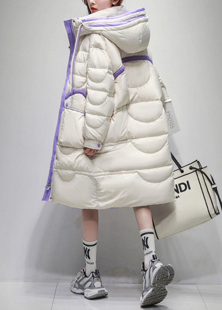 Loose White Hooded Zippered Pockets Duck Down Puffer Coat Winter