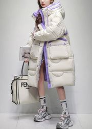 Loose White Hooded Zippered Pockets Duck Down Puffer Coat Winter