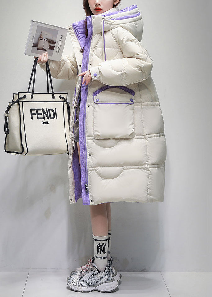 Loose White Hooded Zippered Pockets Duck Down Puffer Coat Winter
