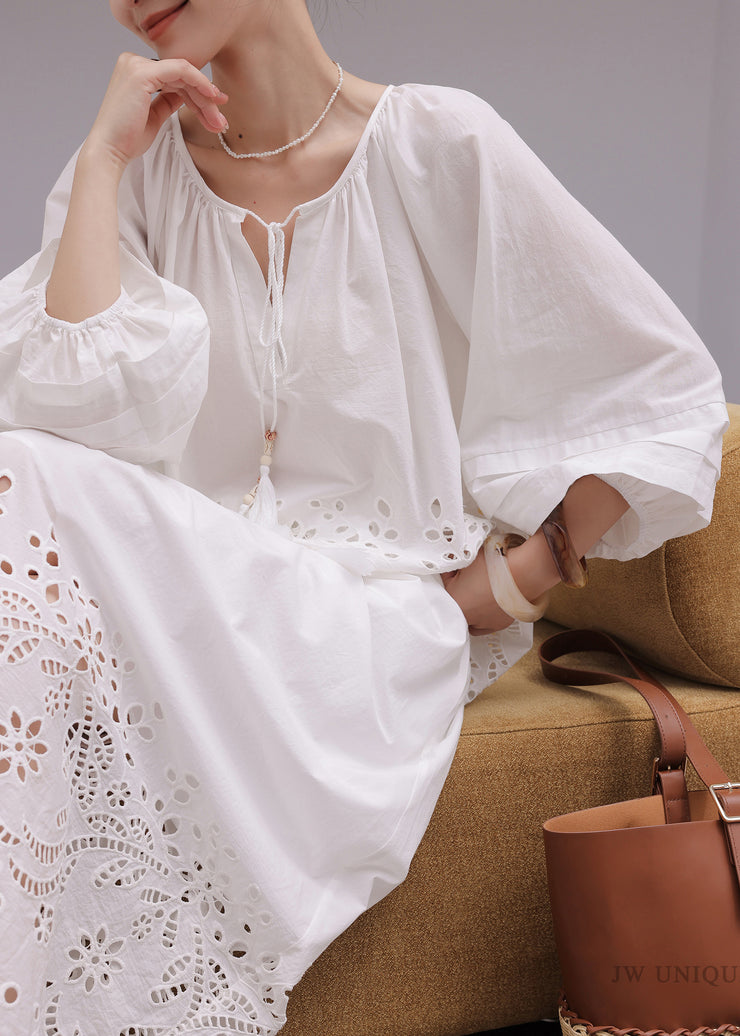 Loose White Lace Up Hollow Out Cotton Two Pieces Set Fall