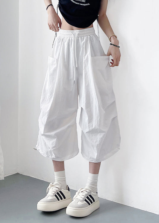Loose White Lace Up Pockets Solid Cotton Crop Pants