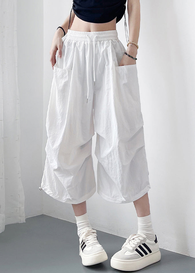 Loose White Lace Up Pockets Solid Cotton Crop Pants