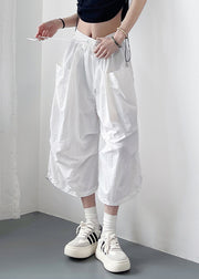Loose White Lace Up Pockets Solid Cotton Crop Pants