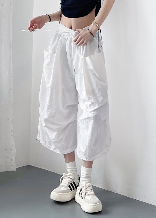 Loose White Lace Up Pockets Solid Cotton Crop Pants