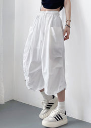 Loose White Lace Up Pockets Solid Cotton Crop Pants