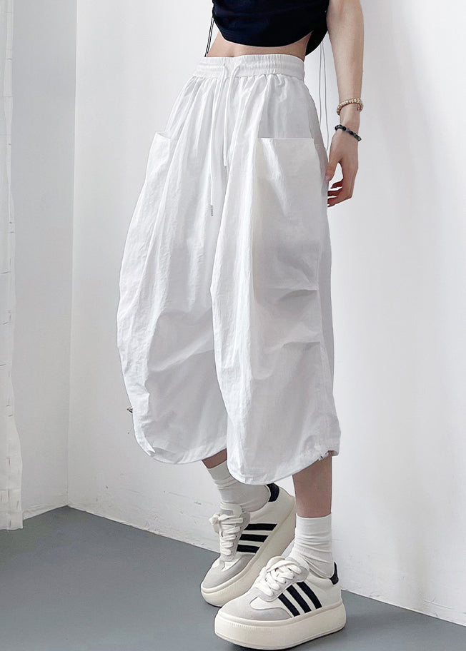 Loose White Lace Up Pockets Solid Cotton Crop Pants
