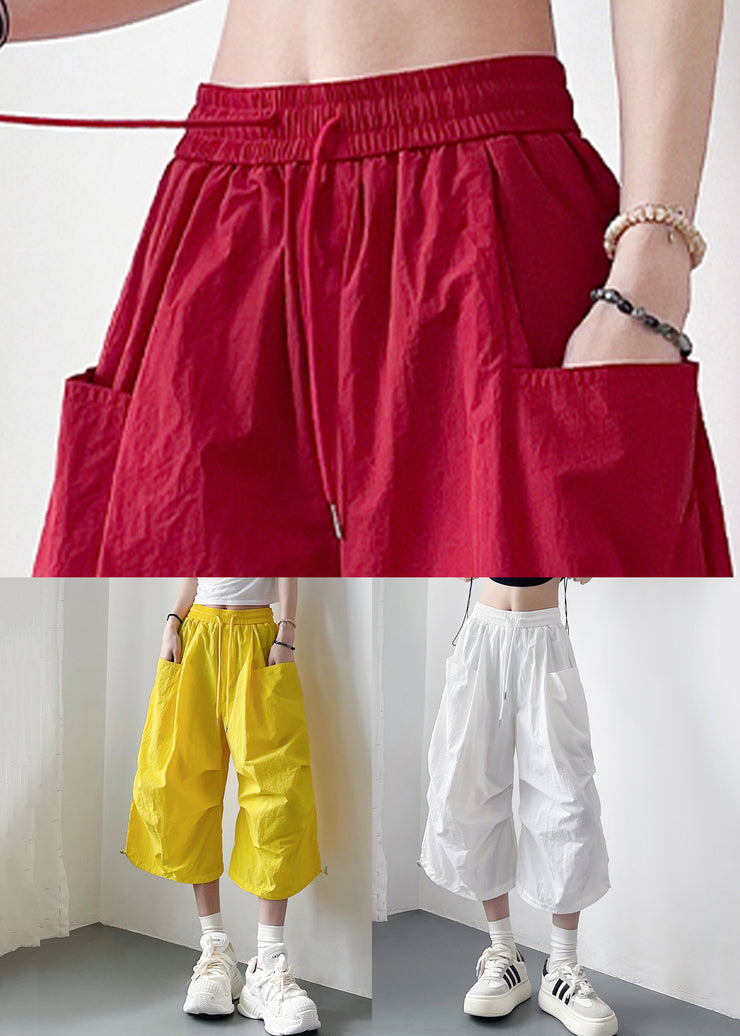 Loose White Lace Up Pockets Solid Cotton Crop Pants