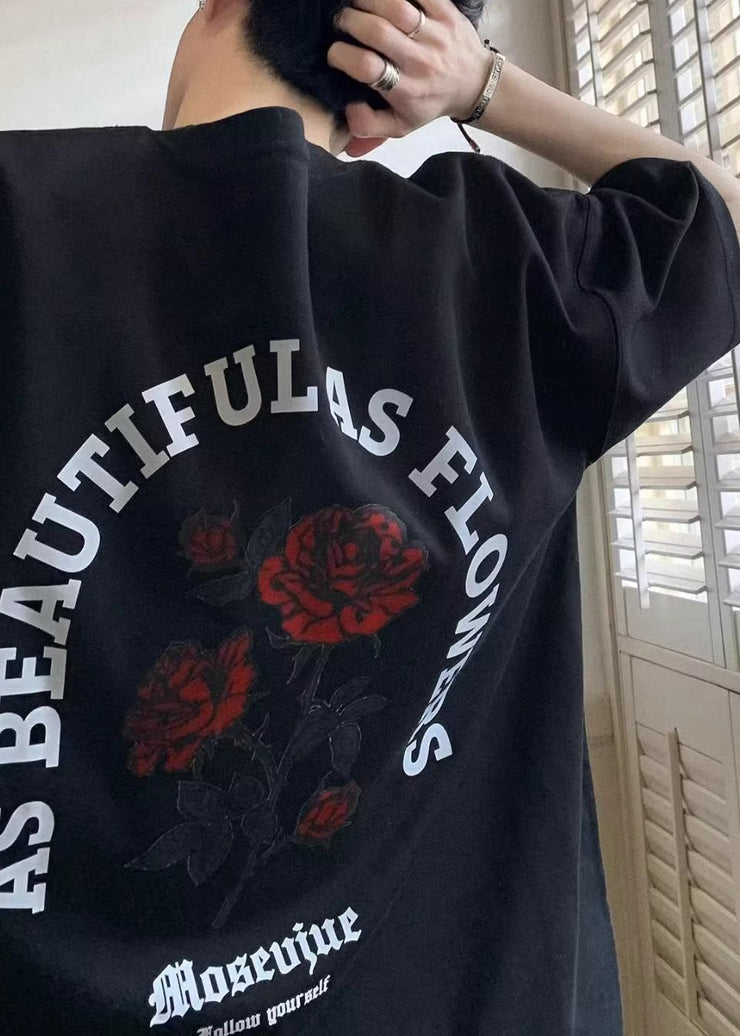Loose White Letter Love Roses Cotton Mens Graphic Tees Half Sleeve