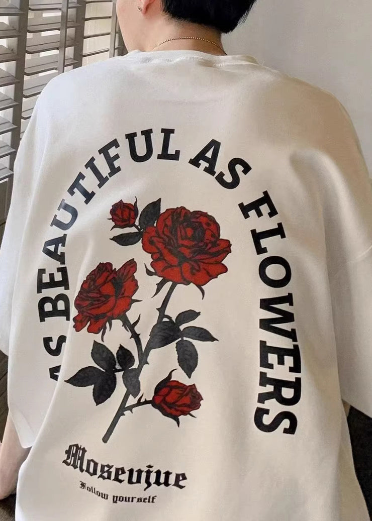 Loose White Letter Love Roses Cotton Mens Graphic Tees Half Sleeve