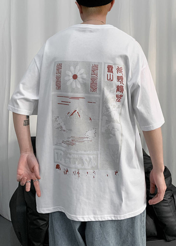 Loose White Letter Print Cotton Men T Shirt Short Sleeve
