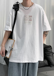 Loose White Letter Print Cotton Men T Shirt Short Sleeve