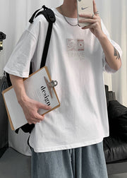 Loose White Letter Print Cotton Men T Shirt Short Sleeve