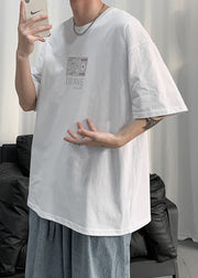 Loose White Letter Print Cotton Men T Shirt Short Sleeve