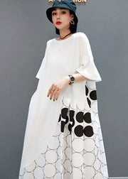 Loose White O-Neck Asymmetrical Patchwork Wrinkled Dot Cotton Vacation Dresses Short Sleeve