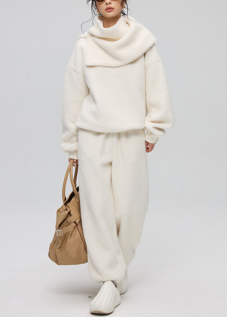 Loose White O-Neck Button Solid Teddy Faux Fur Three Pieces Set Winter