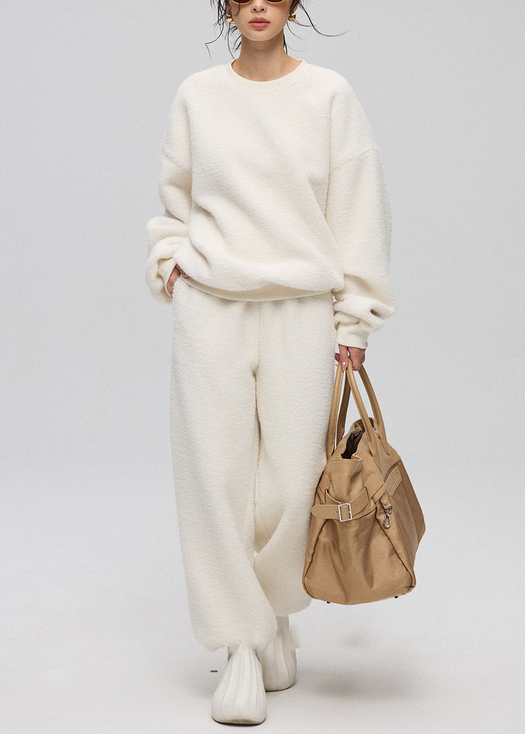 Loose White O-Neck Button Solid Teddy Faux Fur Three Pieces Set Winter