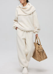 Loose White O-Neck Button Solid Teddy Faux Fur Three Pieces Set Winter