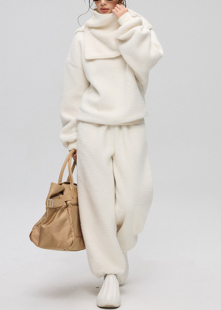 Loose White O-Neck Button Solid Teddy Faux Fur Three Pieces Set Winter