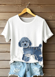 Loose White O Neck Dog Animal Cotton Shirt Top Summer