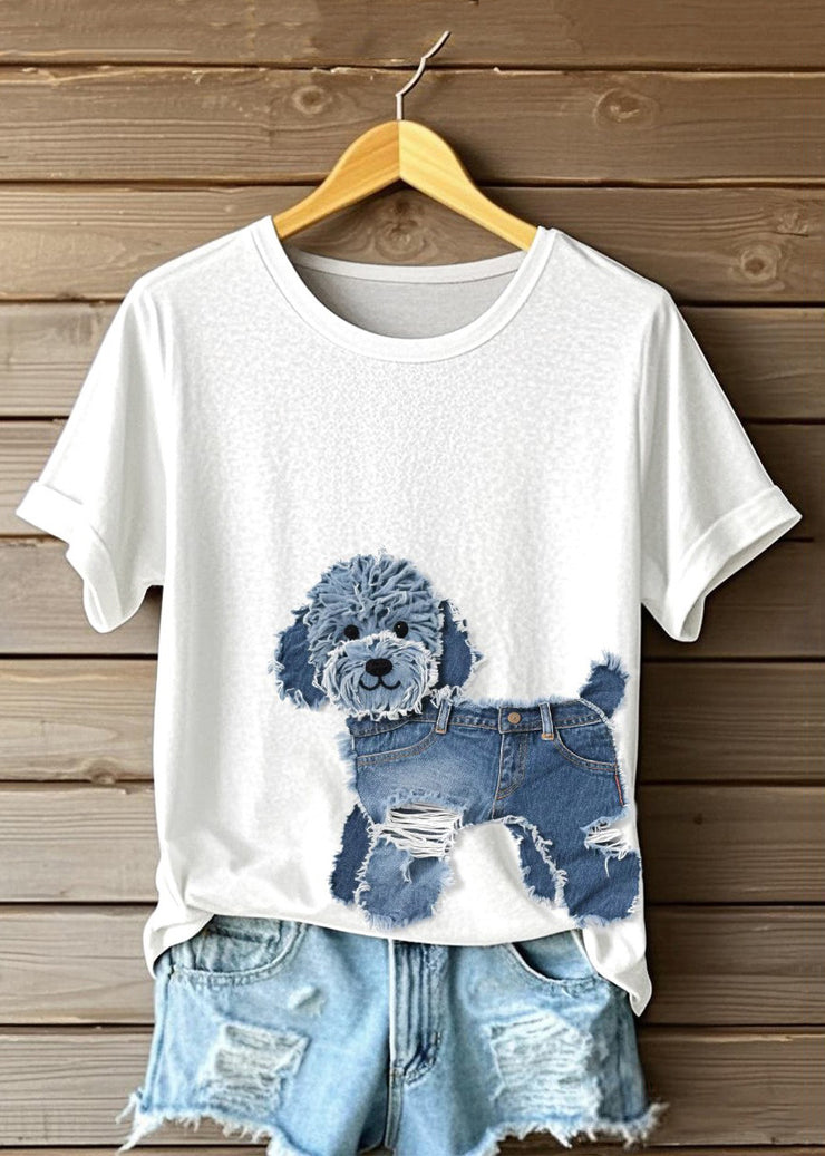 Loose White O Neck Dog Animal Cotton Shirt Top Summer