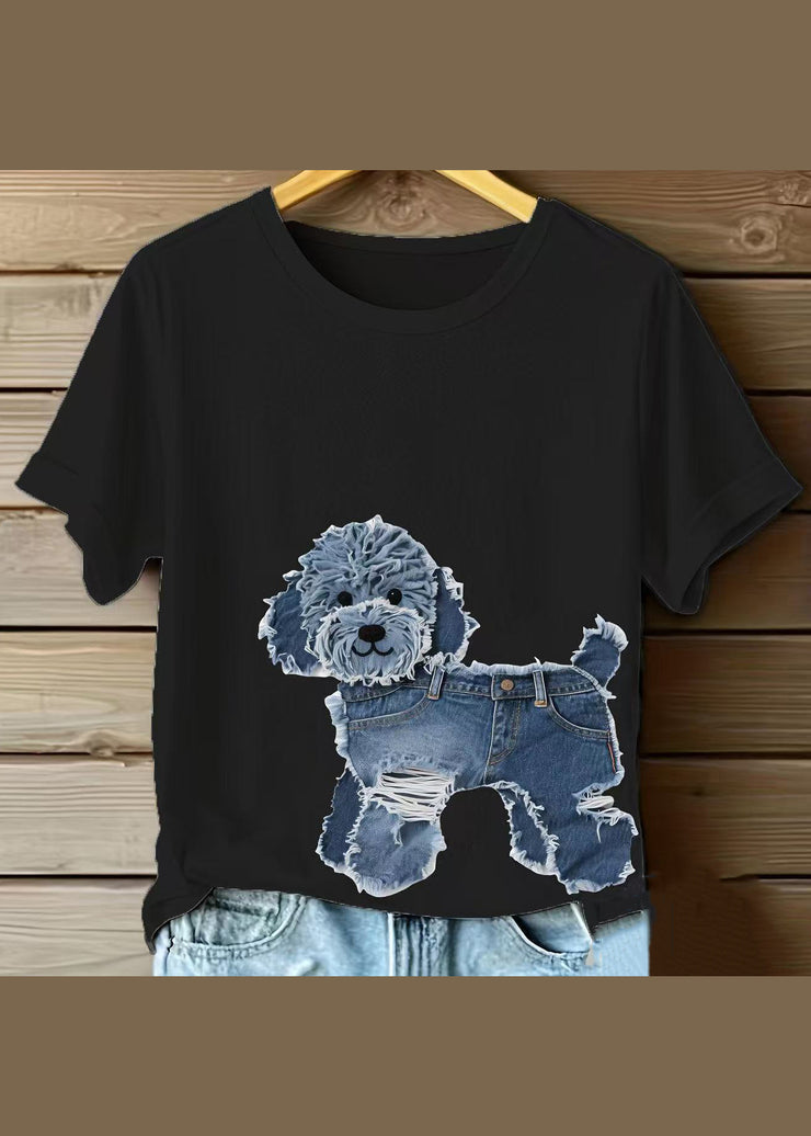 Loose White O Neck Dog Animal Cotton Shirt Top Summer