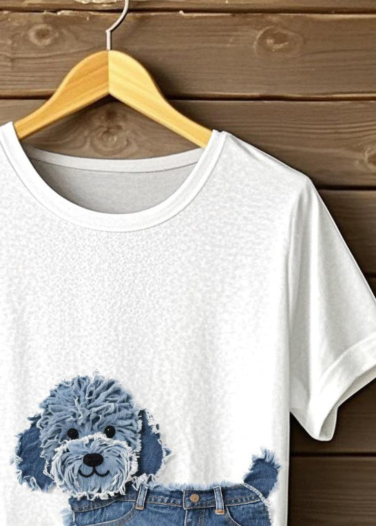 Loose White O Neck Dog Animal Cotton Shirt Top Summer