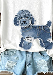 Loose White O Neck Dog Animal Cotton Shirt Top Summer