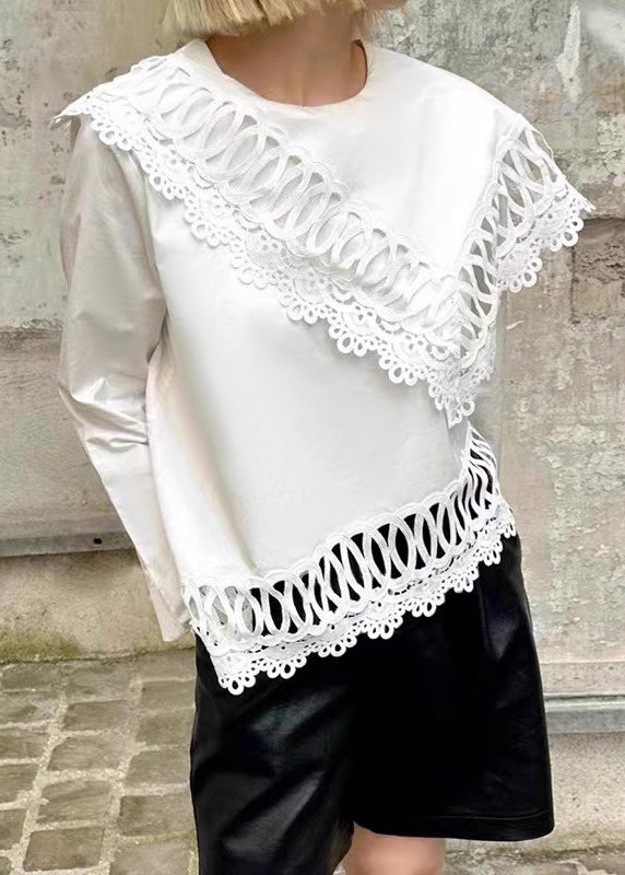 Loose White O Neck Hollow Out Cotton Tops Spring