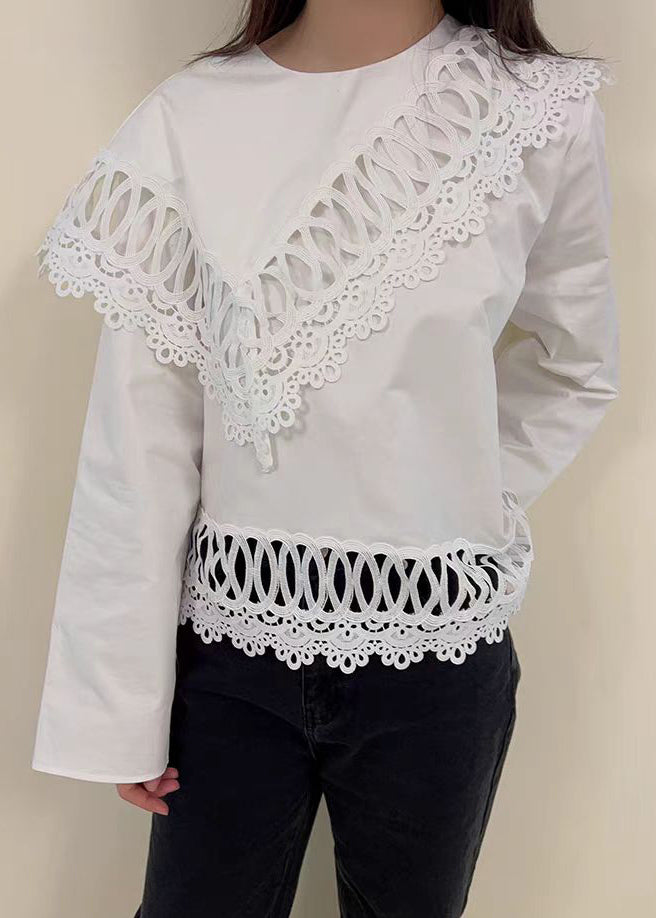 Loose White O Neck Hollow Out Cotton Tops Spring