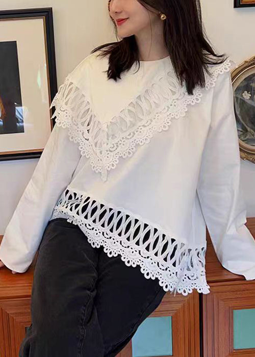 Loose White O Neck Hollow Out Cotton Tops Spring