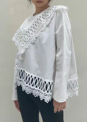 Loose White O Neck Hollow Out Cotton Tops Spring