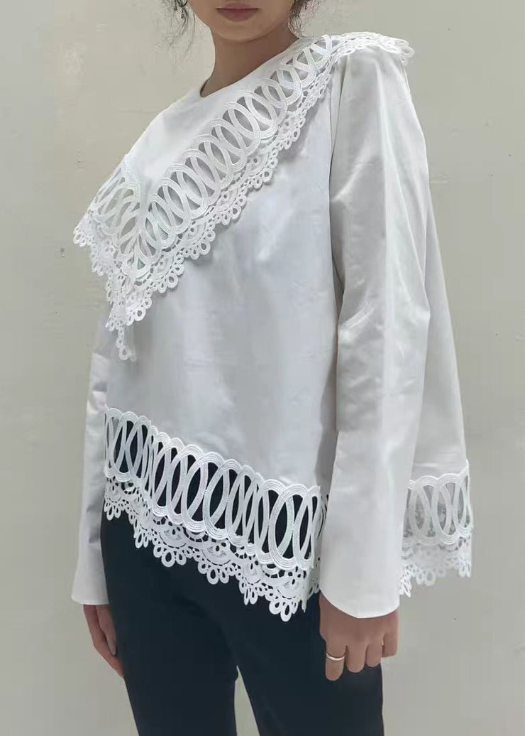 Loose White O Neck Hollow Out Cotton Tops Spring