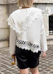 Loose White O Neck Hollow Out Cotton Tops Spring