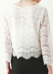 Loose White O Neck Hollow Out Lace Top Fall