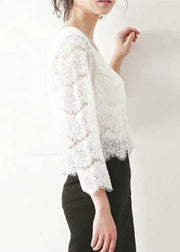 Loose White O Neck Hollow Out Lace Top Fall