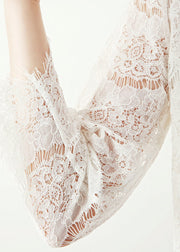 Loose White O Neck Hollow Out Lace Top Fall