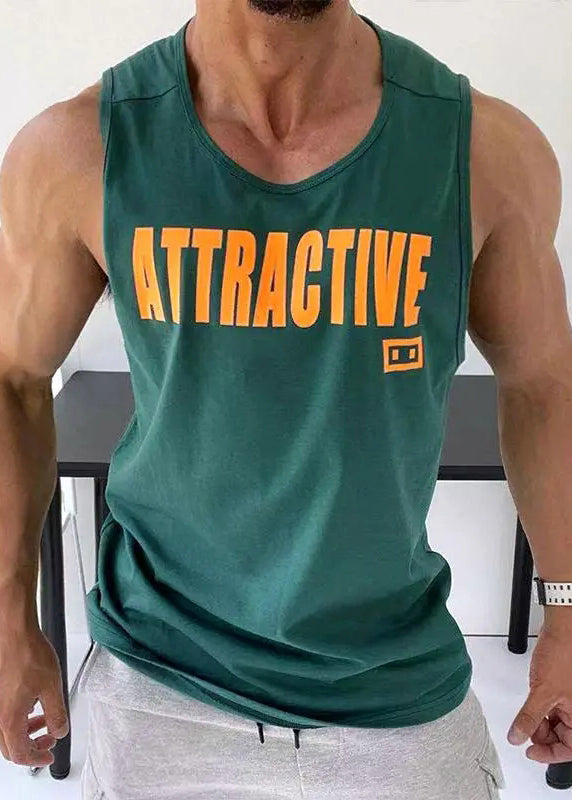 Loose White O Neck Letter Cotton Men Tank Sleeveless