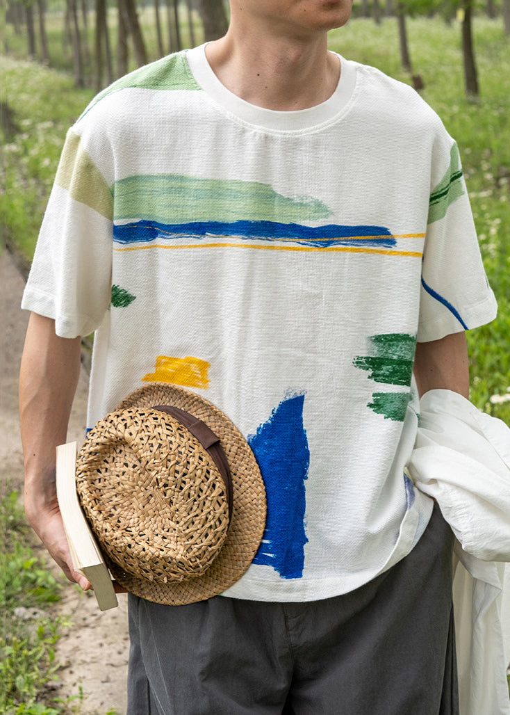 Loose White O-Neck Print Cotton Men T Shirt Summer
