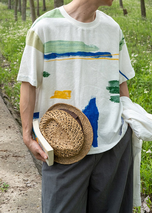 Loose White O-Neck Print Cotton Men T Shirt Summer