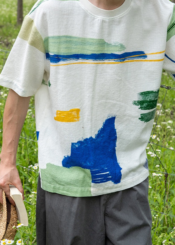 Loose White O-Neck Print Cotton Men T Shirt Summer