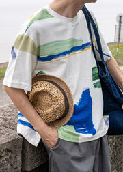 Loose White O-Neck Print Cotton Men T Shirt Summer