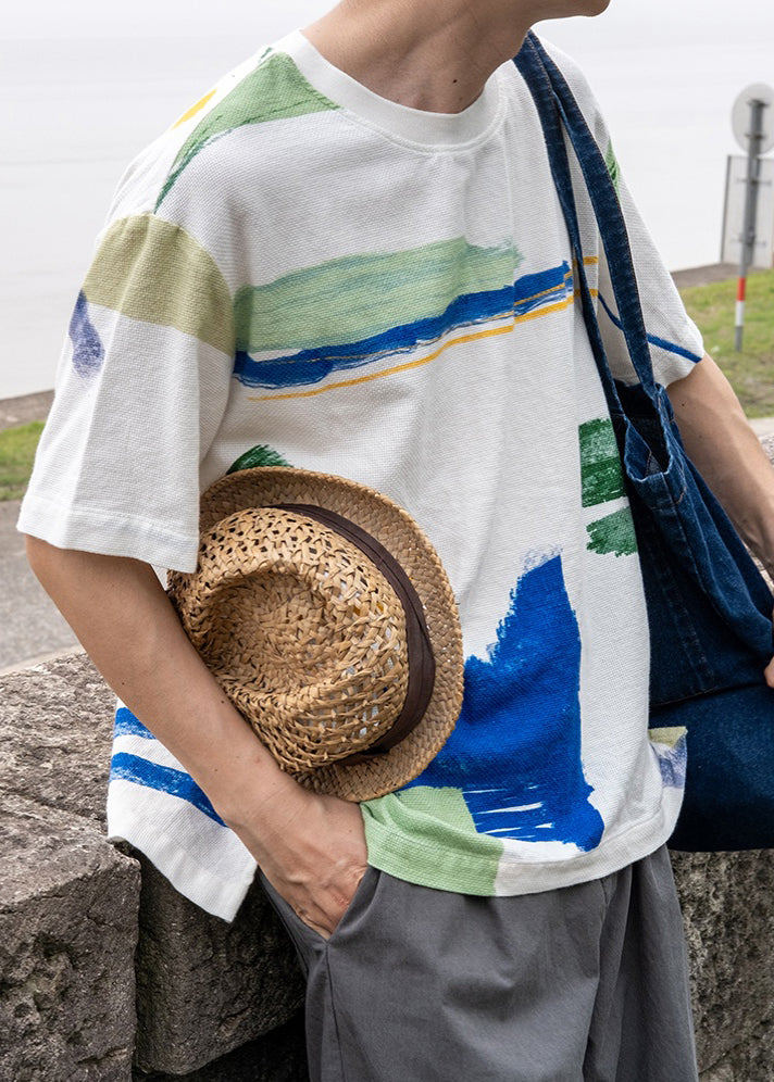 Loose White O-Neck Print Cotton Men T Shirt Summer