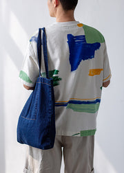 Loose White O-Neck Print Cotton Men T Shirt Summer