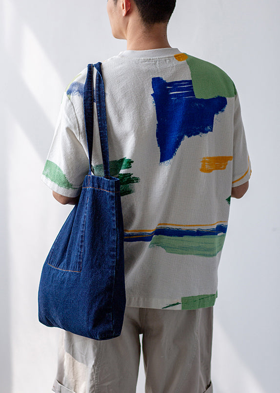 Loose White O-Neck Print Cotton Men T Shirt Summer