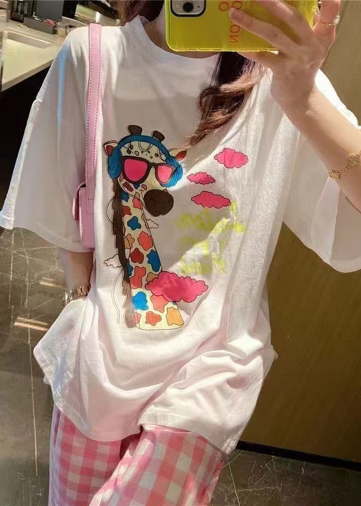 Loose White O Neck Print Cotton T Shirt Summer