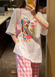 Loose White O Neck Print Cotton T Shirt Summer