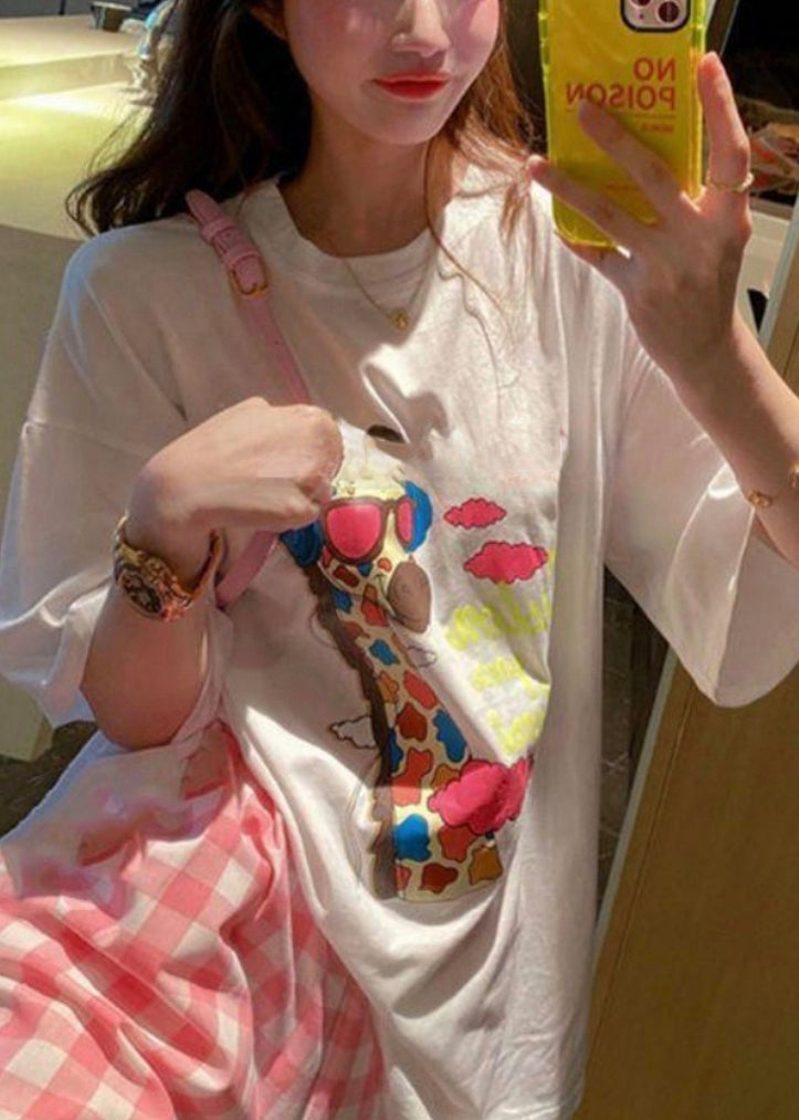 Loose White O Neck Print Cotton T Shirt Summer